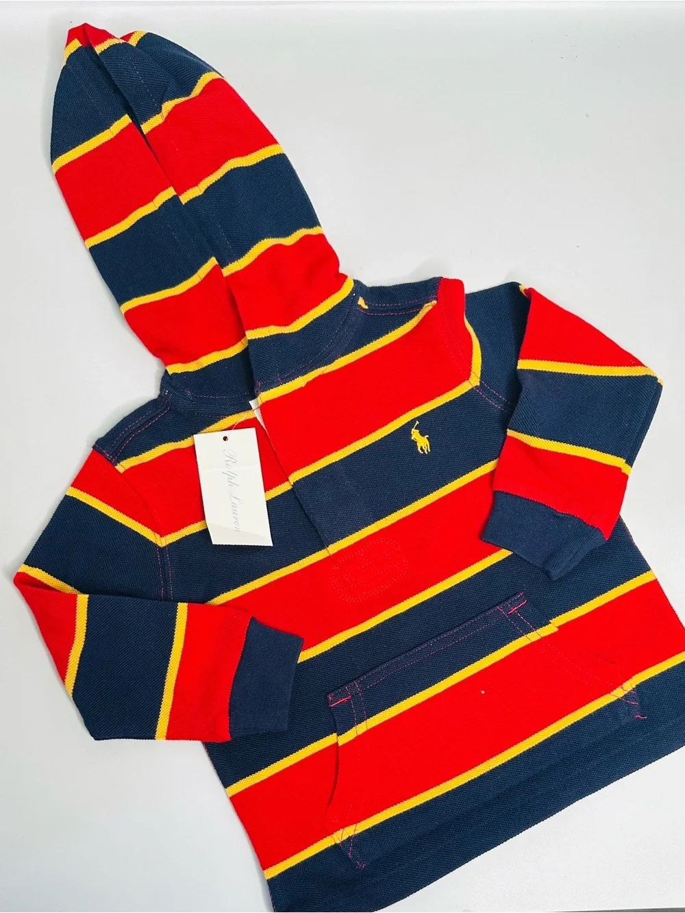 Ralph Lauren Hooded Polo Sweater in Red, Navy & Yellow Stripe